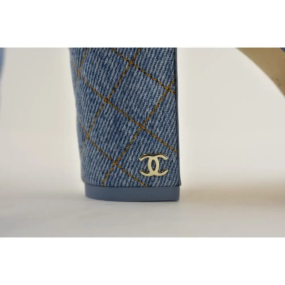 Chanel 26B Light Blue Denim Quilted Coco Sling Slingback Block Heel Pump 39.5c